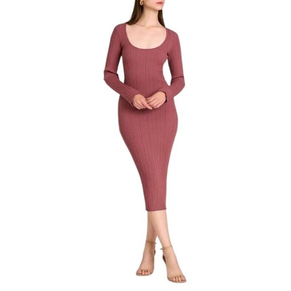 2/$30 NWT WAYF M Ribbed Knit Midi Bodycon Dress Tie Waist Deep Mauve - Picture 3 of 14